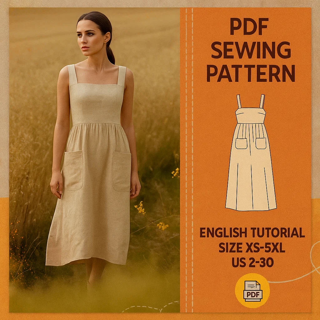 Linen Strap Dress Sewing Pattern | Gathered Skirt Maxi Dress with Pockets