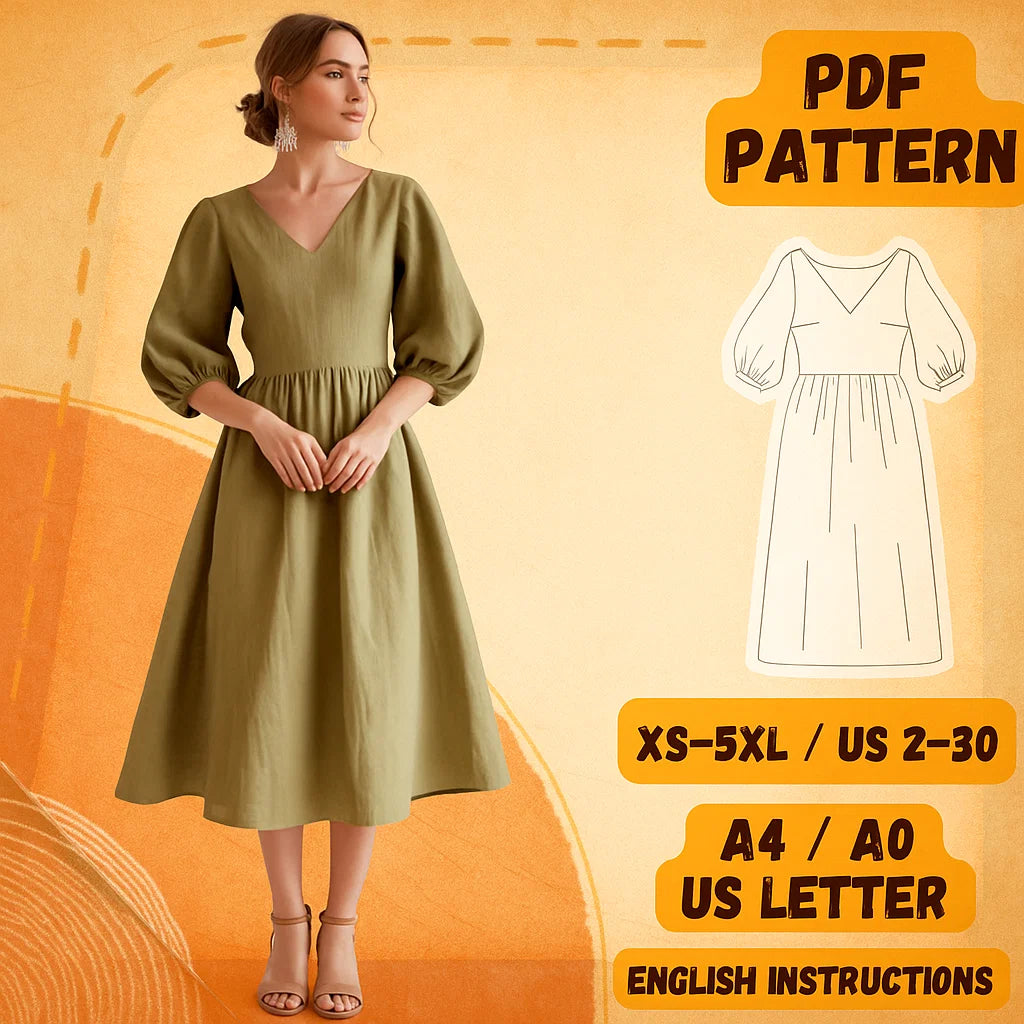 Linen V-Neck Balloon Sleeve Dress PDF Sewing Pattern