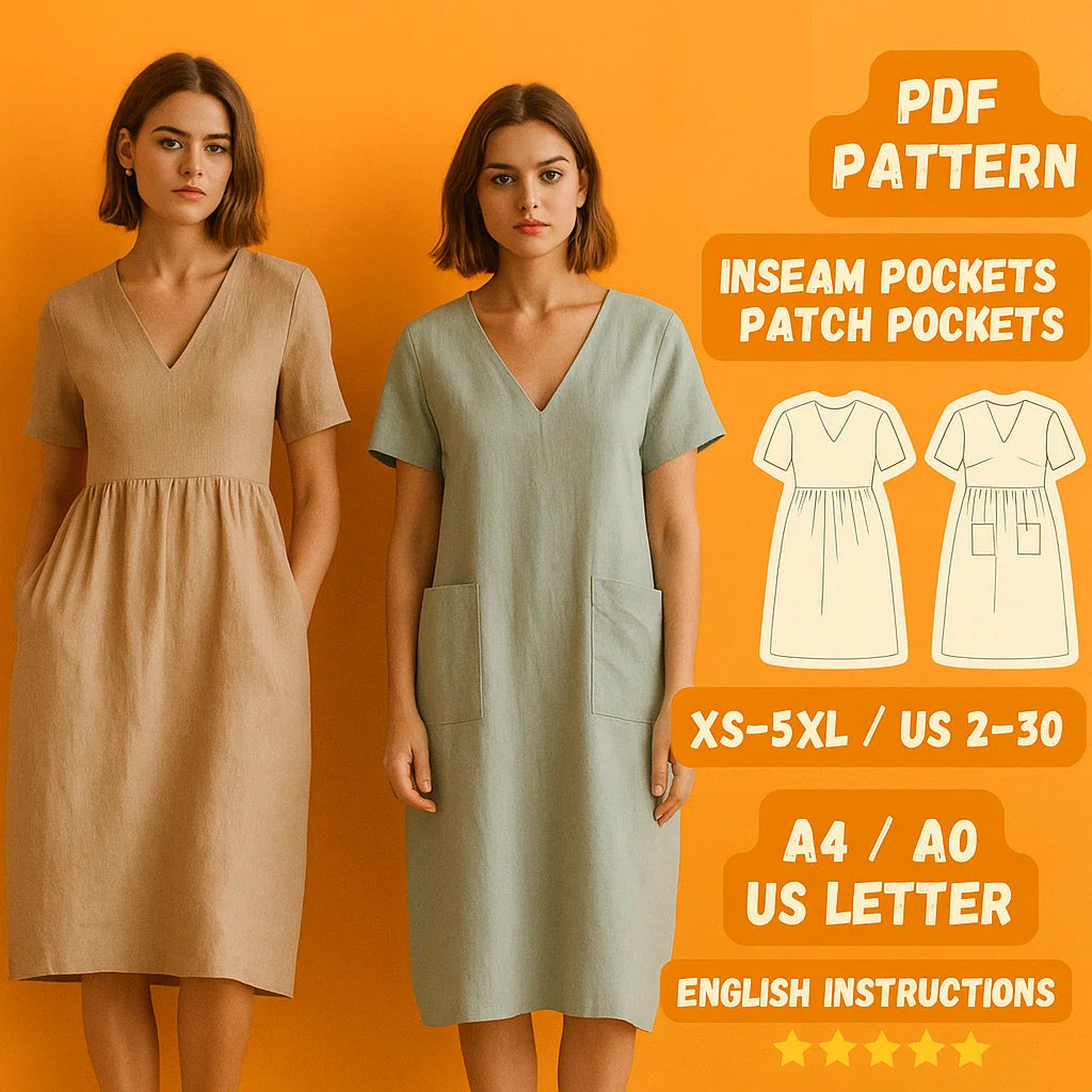 Linen V-Neck Dress Sewing Pattern Set