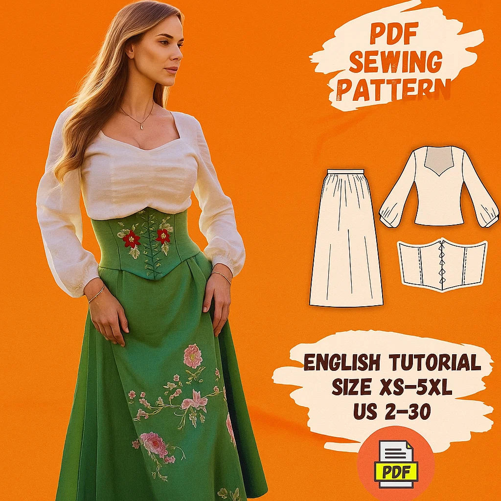 Linen Renaissance Set – Embroidered Corset, Blouse & Skirt PDF Sewing Pattern