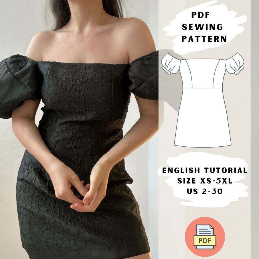 Off-Shoulder Bishop Sleeve Mini Dress PDF Sewing Patter