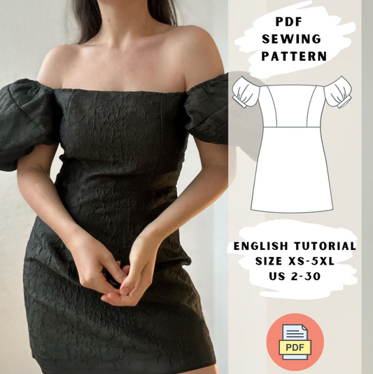 Off-Shoulder Bishop Sleeve Mini Dress PDF Sewing Patter