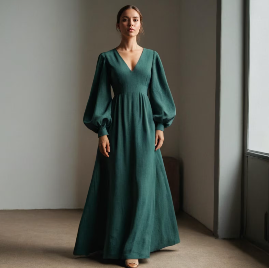 Elegant Bishop Sleeve V-Neck Maxi Dress Sewing Pattern