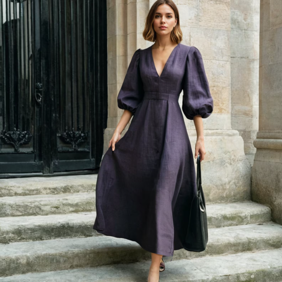 V-Neck Maxi Dress Sewing Pattern with Waistband & Bishop Sleeves