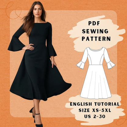 Bell Sleeve Midi Dress PDF Sewing Pattern