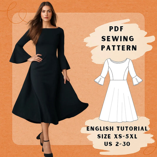 Bell Sleeve Midi Dress PDF Sewing Pattern