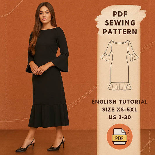 Ruffle Hem Bell Sleeve Dress PDF Sewing Pattern