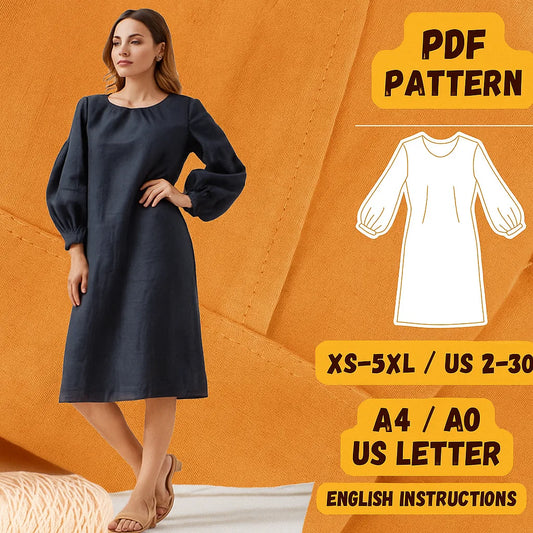 Bishop Sleeve Linen Dress PDF Sewing Pattern – Round Neck, Lantern Sleeves