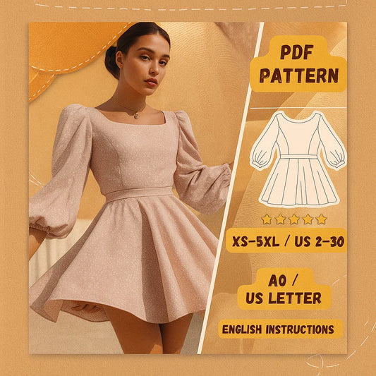 Bishop Sleeve Mini Dress PDF Sewing Pattern – Flared Circle Dress