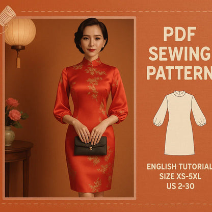Cheongsam Dress PDF Sewing Pattern – Mandarin Collar, Bishop Sleeves
