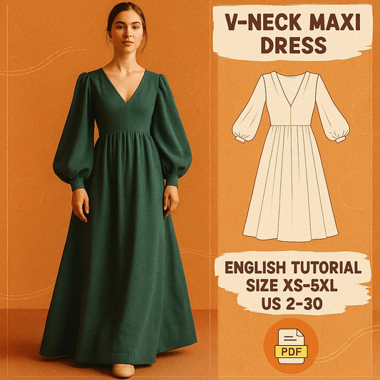 Elegant Bishop Sleeve V-Neck Maxi Dress Sewing Pattern