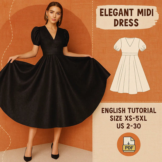 Elegant Black Bishop Sleeve Party Dress Sewing Pattern