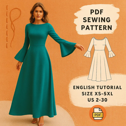 Elegant Bell Sleeve Maxi Dress PDF Sewing Pattern