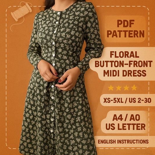 Vintage Floral Button-Front Midi Dress PDF Sewing Pattern