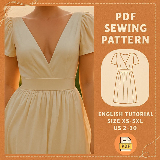 V-Neck Puff Sleeve Dress Sewing Pattern PDF