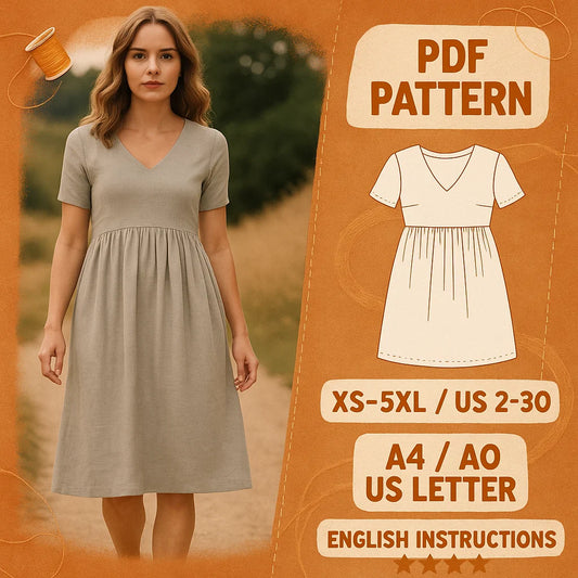 V-Neck Gathered Dress PDF Sewing Pattern