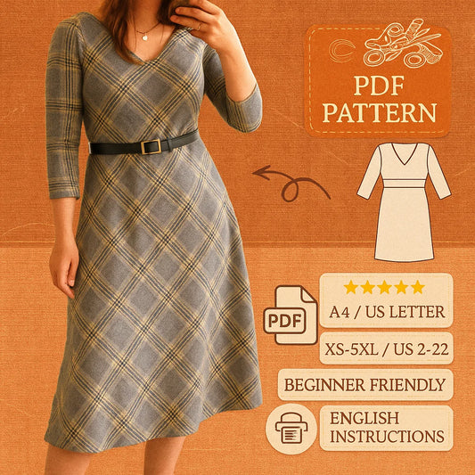 V-Neck Natural Waist Dress PDF Sewing Pattern