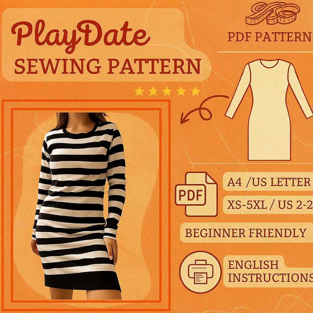 O-Neck Long Sleeve Dress PDF Pattern – Classic Striped Tunic Style
