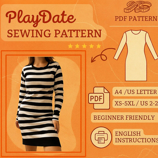O-Neck Long Sleeve Dress PDF Pattern – Classic Striped Tunic Style