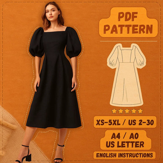 Square Neck Lantern Sleeve Dress Sewing Pattern