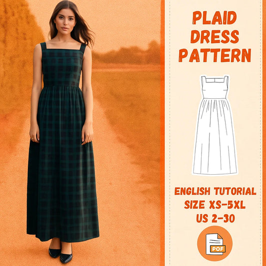 Plaid Square Neck Maxi Dress PDF Sewing Pattern