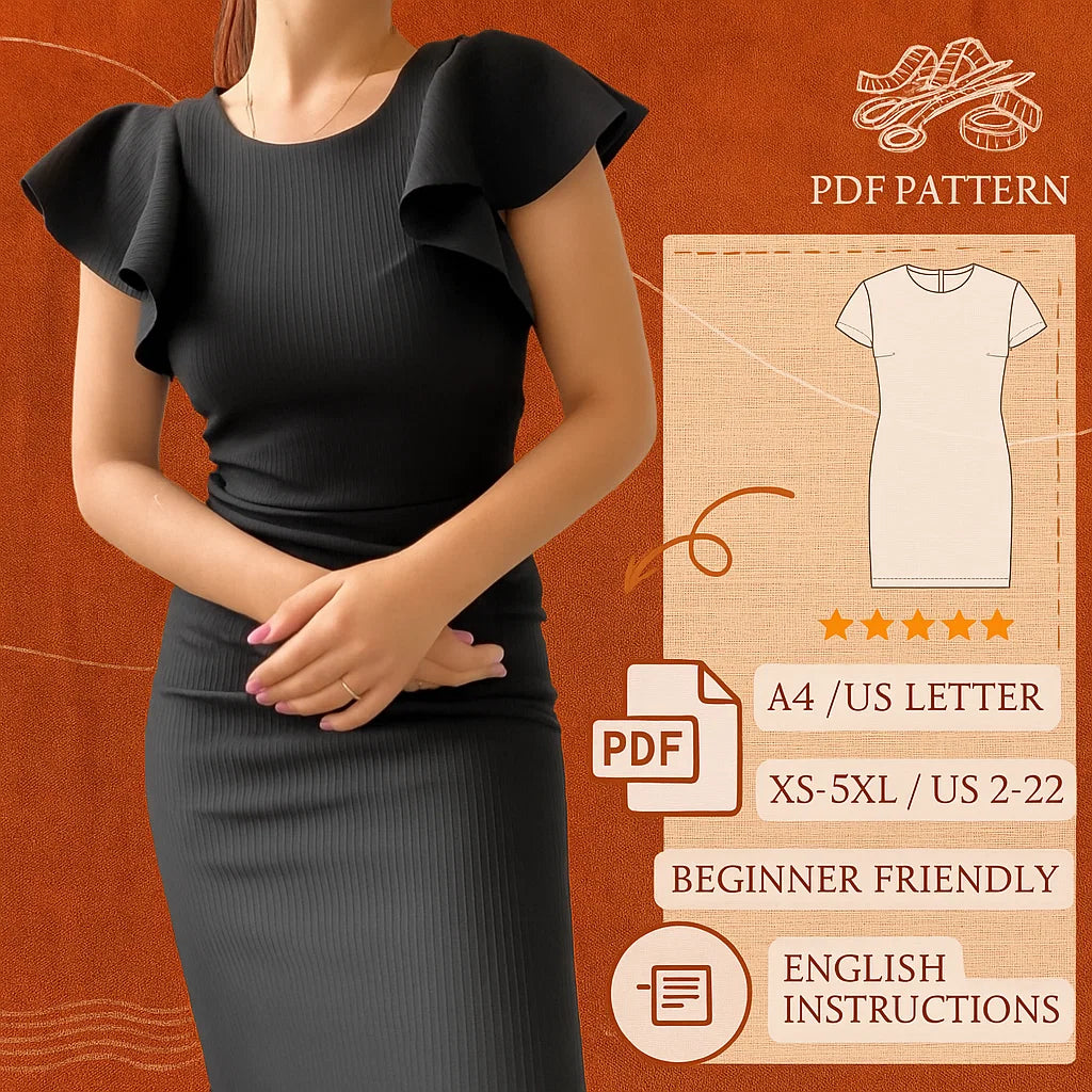 Ruffled Sleeve Pencil Dress PDF Sewing Pattern