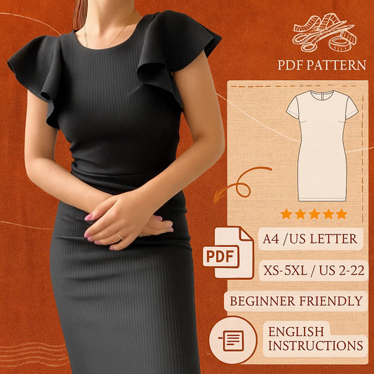 Ruffled Sleeve Pencil Dress PDF Sewing Pattern