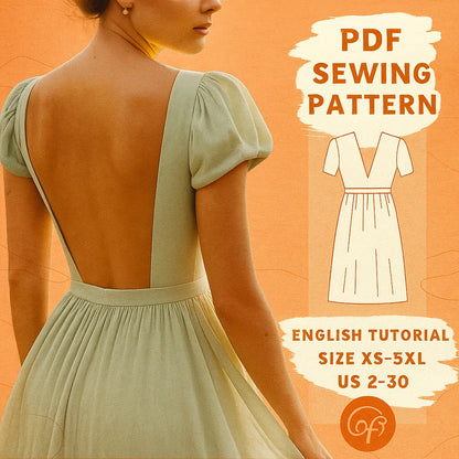 Open Back Puff Sleeve Dress PDF Sewing Pattern