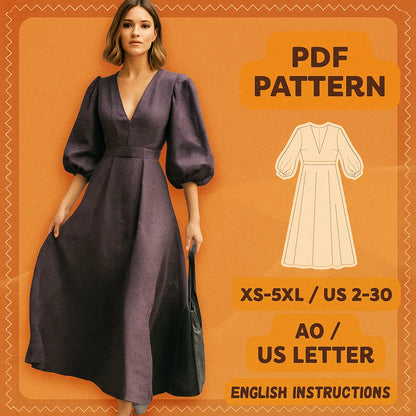 V-Neck Maxi Dress Sewing Pattern with Waistband & Bishop Sleeves