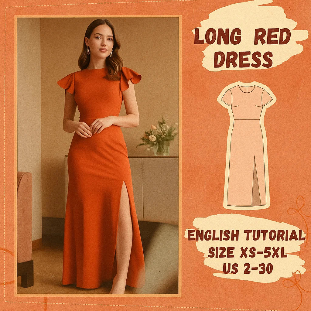 Red A-Line Evening Dress Sewing Pattern with Slit