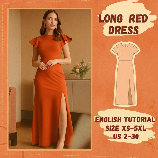 Red A-Line Evening Dress Sewing Pattern with Slit