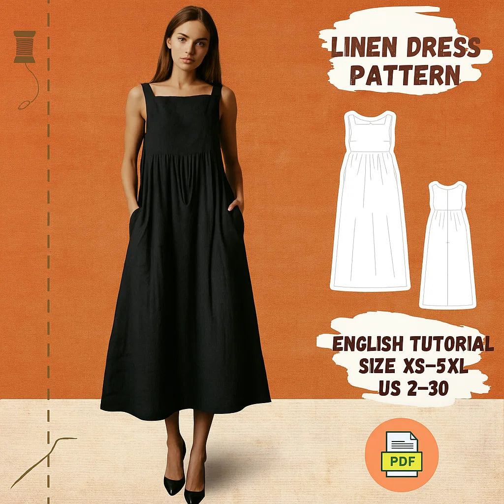 Linen Maxi Dress PDF Sewing Pattern | Boho Sleeveless Dress with Pockets