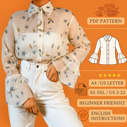 Ruffled Sleeve Button-Up Blouse PDF Sewing Pattern