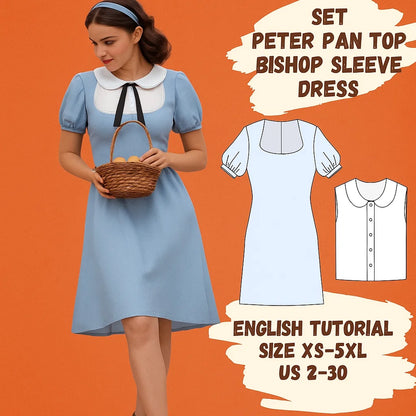 Peter Pan Collar Top + Bishop Sleeve Dress Set – PDF Sewing Pattern