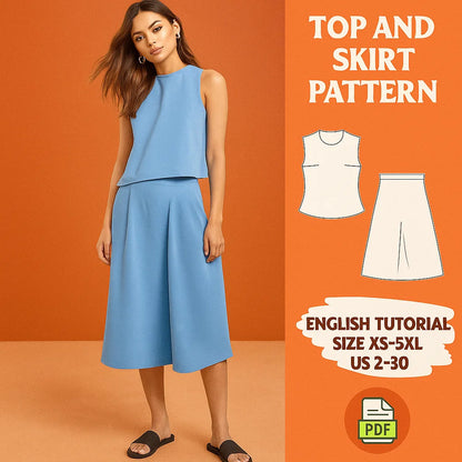 High Collar Top & A-Line Skirt Set Sewing Pattern