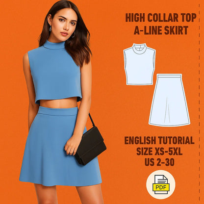 High Collar Top & A-Line Skirt Set – PDF Sewing Pattern