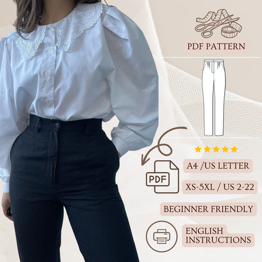 Women High Waist Pants, Classic Button Trousers PDF Pattern