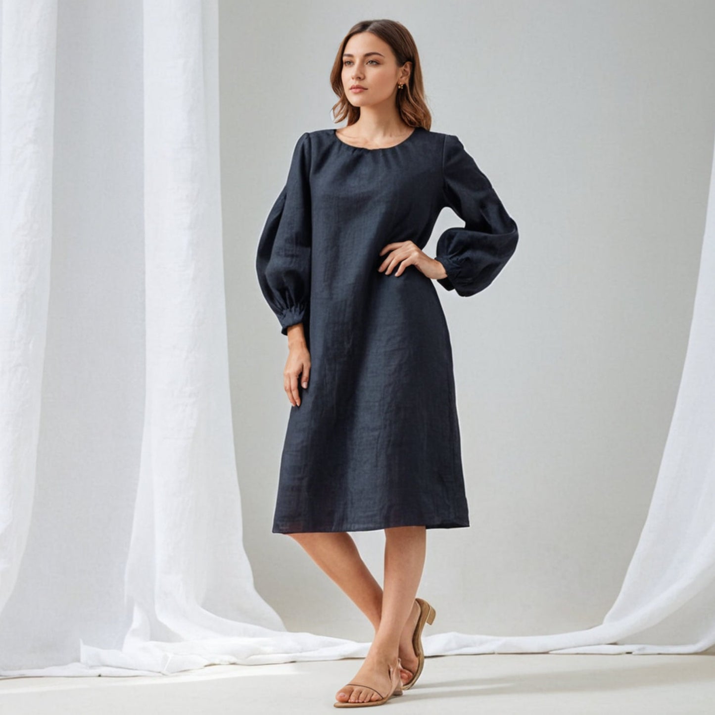Bishop Sleeve Linen Dress PDF Sewing Pattern – Round Neck, Lantern Sleeves