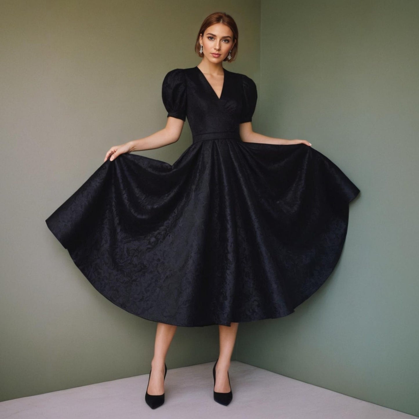 Elegant Black Bishop Sleeve Party Dress Sewing Pattern