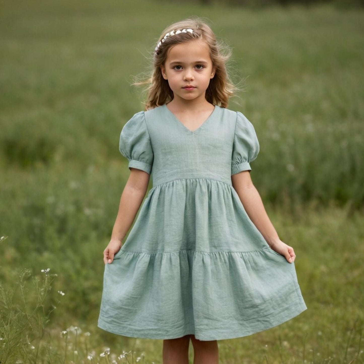 Girls' Bishop Sleeve Tiered Linen Dress – PDF Sewing Pattern